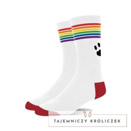 Prowler Pride Skarpety Unisex Białe z Tęczowym Paskiem i Logo Prowler