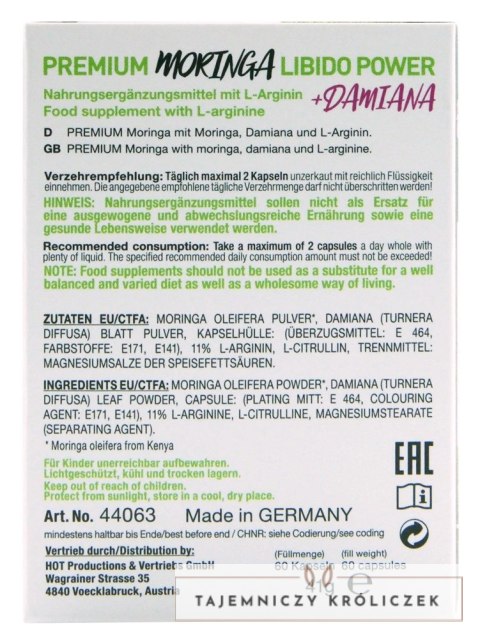 HOT BIO Moringa Libido Caps 60 kapsułek - suplement dla kobiet, wegański HOT