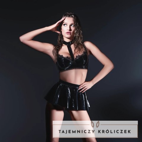 Naughty Nights komplet vinilowy top z kołnierzem i mini spodniczka L czarny Allure