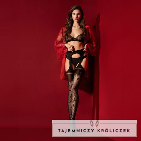 Fiore Amorosa 30 den Pończochy z paskami kwiatowy wzor czarne Fiore Hosiery