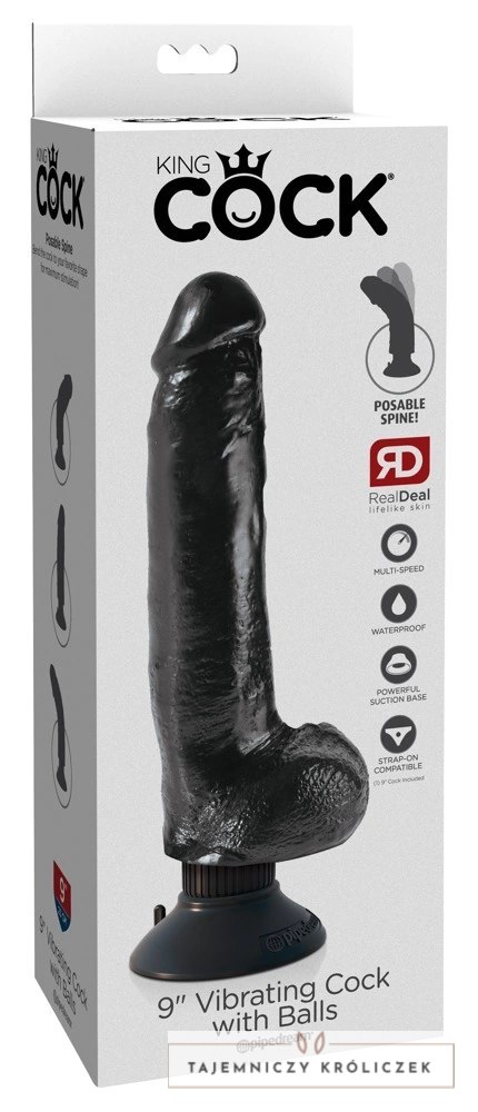 King Cock Wibrator Model 23 cm Czarny z Przyssawką i Jądrem King Cock