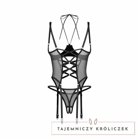 Obsessive Dominna Czarny Gorset Wetlook z Paskami i Stringami Open S/M Obsessive