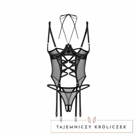 Obsessive Dominna Czarny Gorset Wetlook z Paskami i Stringami Open S/M Obsessive