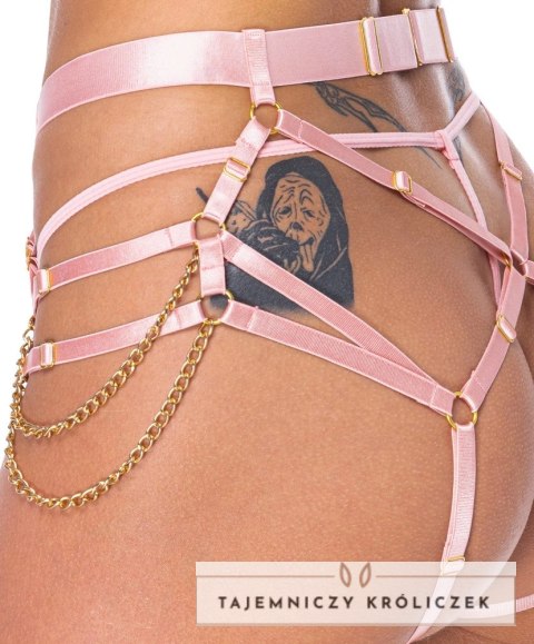Bad Kitty Harness String rożowy S-L z regulacją i złotymi dodatkami Bad Kitty