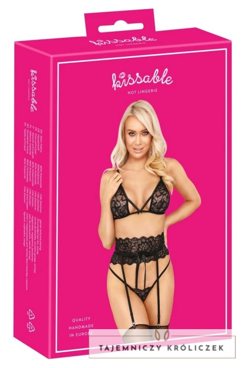 Kissable komplet bielizny z koronką i pasem do pończoch S/M czarny Kissable