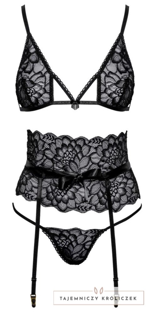 Kissable komplet bielizny z koronką i pasem do pończoch S/M czarny Kissable