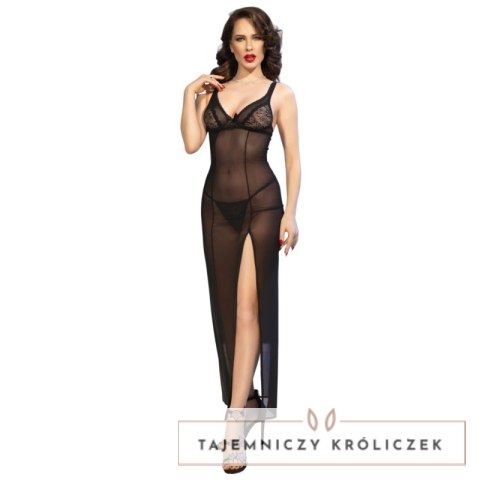 Chilirose CR 4723 Długa Babydoll z Koronki i Stringi Czarna L CHILIROSE