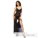 Chilirose CR 4723 Długa Babydoll z Koronki i Stringi Czarna L CHILIROSE