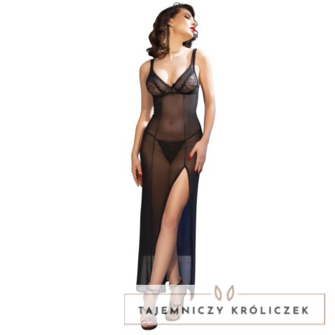 Chilirose CR 4723 długa babydoll czarna XL z regulacją i stringami CHILIROSE