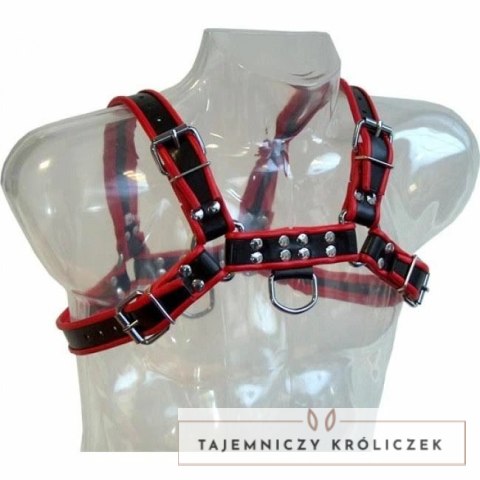 Fetish Submissive Body Harness skorzany czarno-czerwony, uniwersalny LEATHER BODY