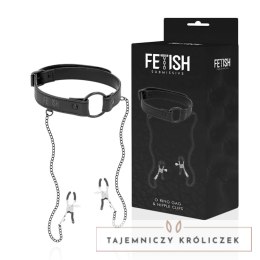 Fetish Submissive Ring Gag z zaciskami na piersi, skora wegańska FETISH SUBMISSIVE