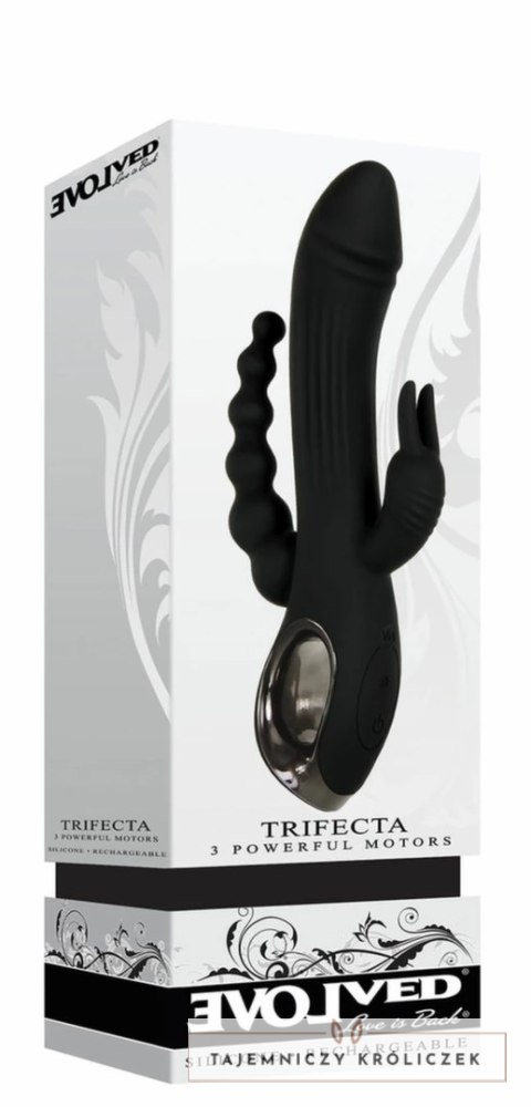 Evolved Trifecta Rabbit Vibrator Black - Trojfunkcyjny model silikonowy USB Evolved