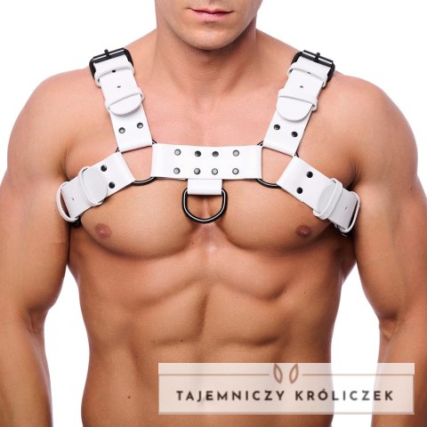 Red Leather Bulldog Skorzany Uprząż S/M Biała Anatomiczna Regulacja Red Leather